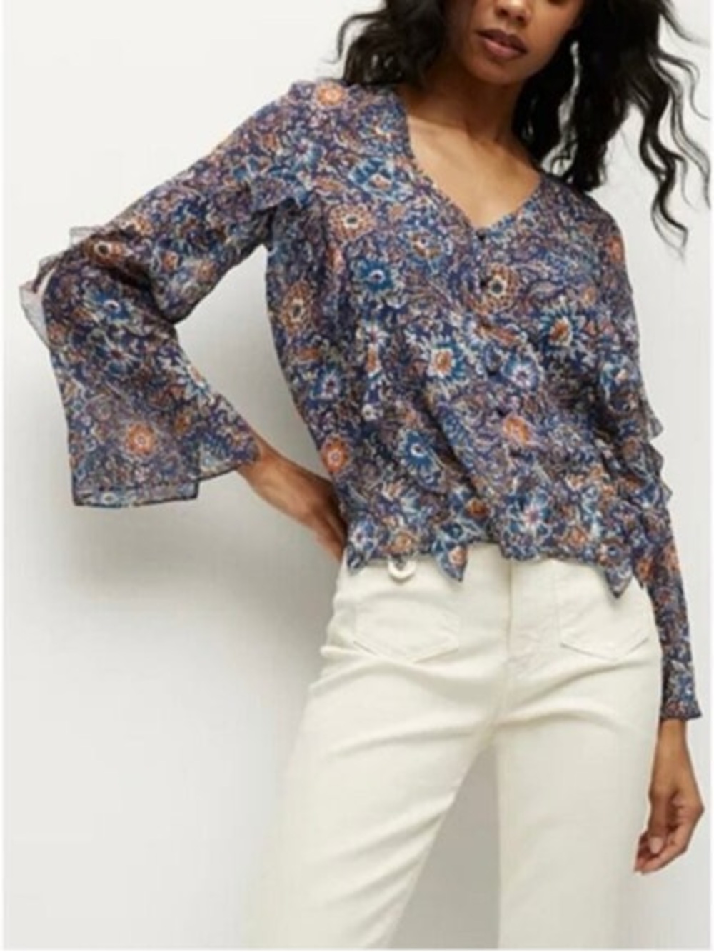 Veronica Beard Navy Multi Floral V-Neck Bell Sleeve Top